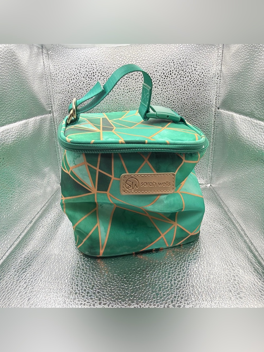 Sarah Wells Teal Geometric cooler bag cube Case with Top Handle